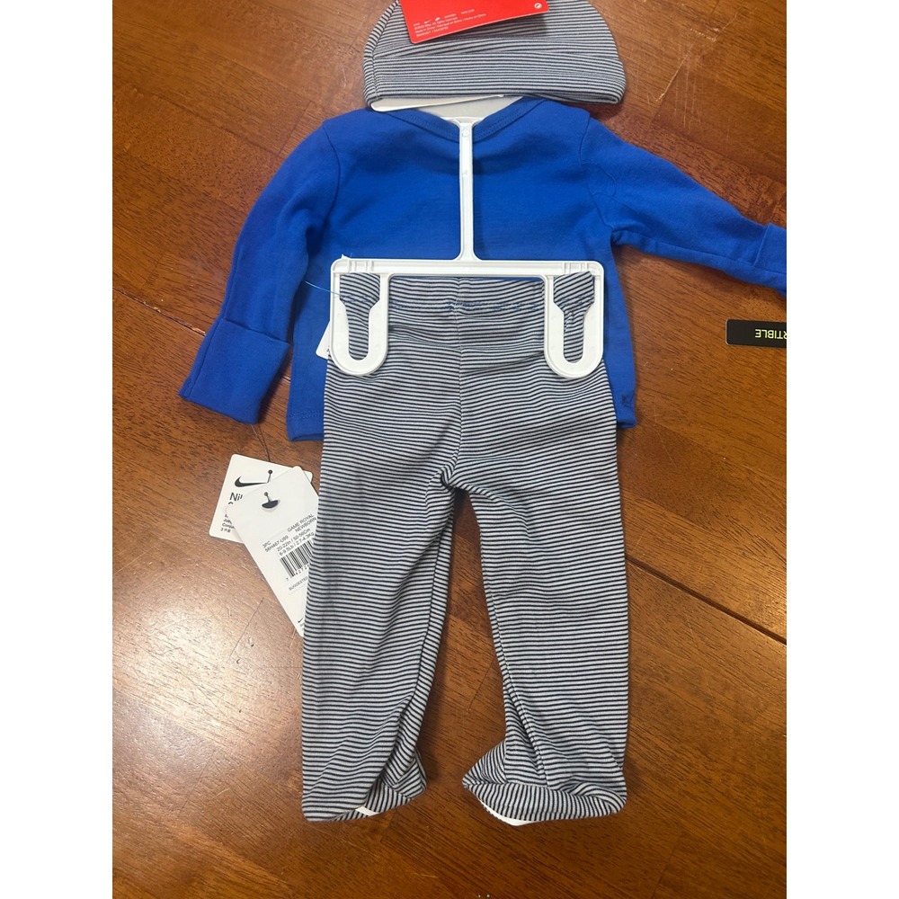 Nike 3-Piece Set Newborn Blue Striped Just Do It Bodysuit Pants Hat 56H467-U89 - Picture 8 of 8